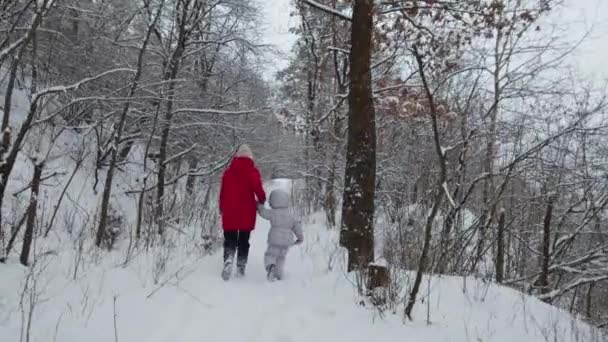 Mãe feliz e sua filha correndo pela neve da floresta no dia ensolarado de inverno. Movimento lento. Visão traseira — Vídeo de Stock