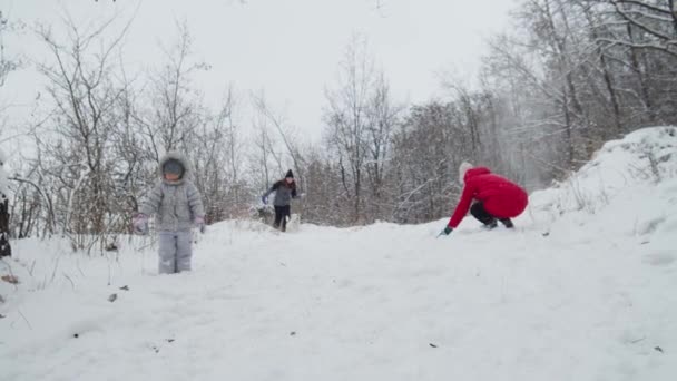 Scatto al rallentatore di Happy family che gioca a scrofette con il cane Jack Russell terrier In Snowy Day In Forest. Famiglia felice — Video Stock