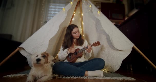 Девушка сидит в детской палатке с собакой Джеком Расселом и играет на гитаре. Версия 3 — стоковое видео