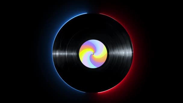 Glowing neon line Vinyl disk with colorful sticker rotating on isolated on black background. Version 5 — Stock Video