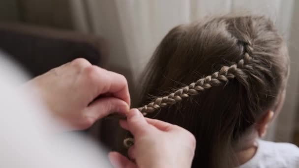 De cerca. Madre trenzas hija coletas en la cabeza del cabello. . — Vídeo de stock