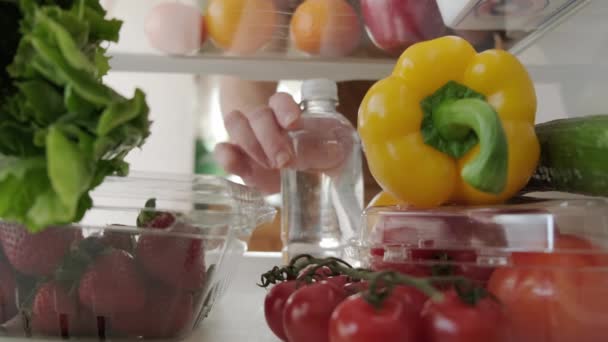 Blick in den Kühlschrank, Hand holt Flasche aus dem Kühlschrank — Stockvideo