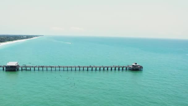 Vista aérea do drone do cais no oceano em dia ensolarado. Tiro largo — Vídeo de Stock