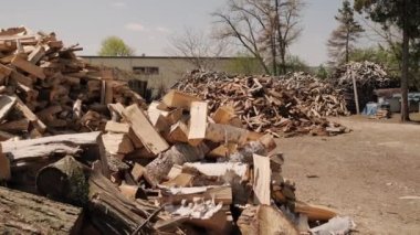 Bir yığın odun, depoda çiğ ağaç kabuğu. Kamera geleceğini taşı