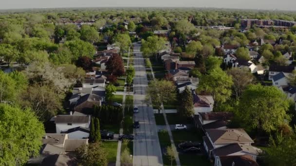 Vista aérea de drones del suburbio americano a la hora de verano. vecindario americano. Inmobiliaria, vista de casas residenciales — Vídeo de stock