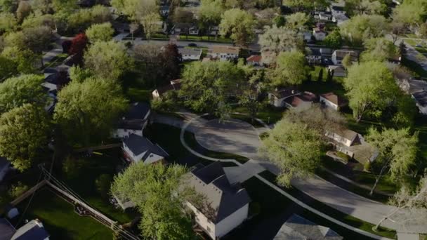 Luchtdrone uitzicht op onroerend goed in de Amerikaanse buitenwijk in de zomer. wijkzicht op woonhuizen vanuit de lucht — Stockvideo