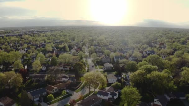 Flygdrönare syn på fastigheter i amerikansk förort på sommaren. stadsdel utsikt över bostadshus från antenn skott — Stockvideo