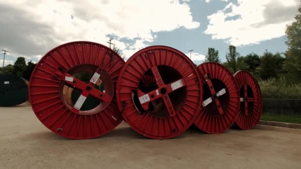 Cable factory. A huge bobbin with cable products are in a warehouse near the factory. Move camera futage — Αρχείο Βίντεο