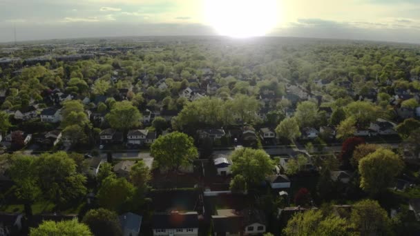 Flygdrönare syn på fastigheter. Amerikansk förort på sommaren. utsikt över bostadshus — Stockvideo