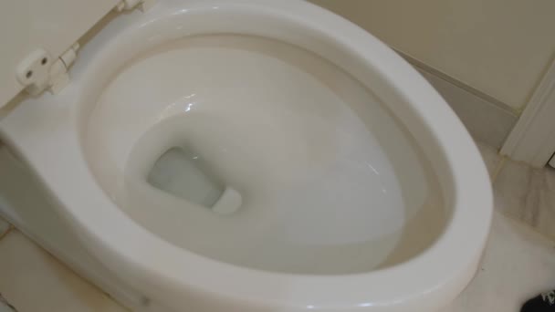 Das Wasser läuft die Toilette hinunter. Großaufnahme Zeitlupe — Stockvideo