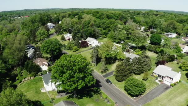 Aerial drone view. American suburb at summertime. Establishing shot of neighborhood. Real estate view of residential houses. — Stock Video