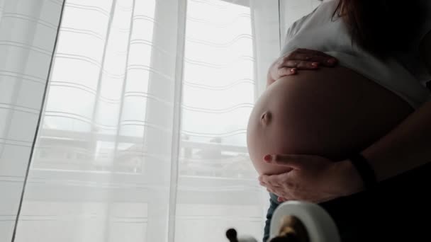 Close up view of young pregnant woman stands by the window and hugs her belly with her hands — Stock Video