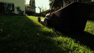 Kapatın. Bir adam elektrikli çim biçme makinesiyle arka bahçedeki çimleri biçiyor. Yavaş çekim gelecek