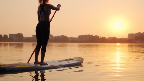 Pôr do sol, silhueta da mulher no lago Stand Up Paddle Board SUP, vista lenta do movimento — Vídeo de Stock