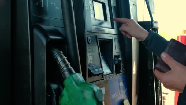 Close up futage of Filling up a car with fuel at truck gas station, Slow motion shot — Stockvideo