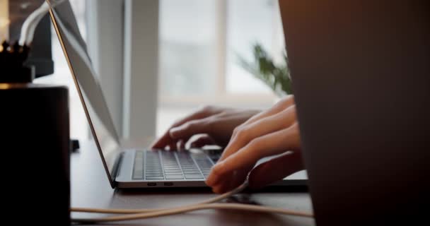 As mãos femininas conectam o cabo ao laptop na mesa do escritório em casa trabalhando on-line, vista de perto — Vídeo de Stock