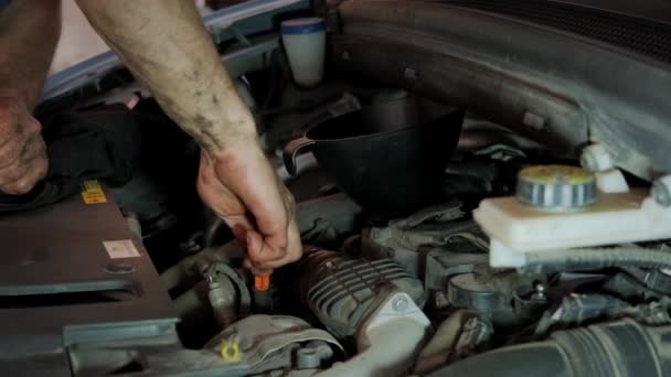 Close-up van de controles van het oliepeil in de motor in de garage van de onderhoudsauto — Stockvideo