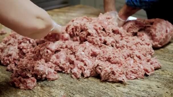 Vista de cerca de Las manos de los chefs mezclan mucha carne picada — Vídeos de Stock