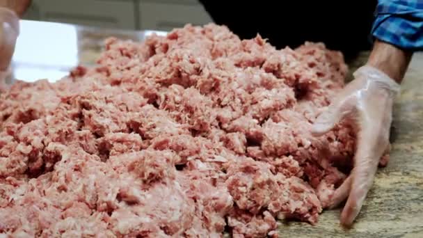 Vista de cerca de Las manos de los chefs mezclan una gran cantidad de carne picada. cámara lenta 4k — Vídeos de Stock