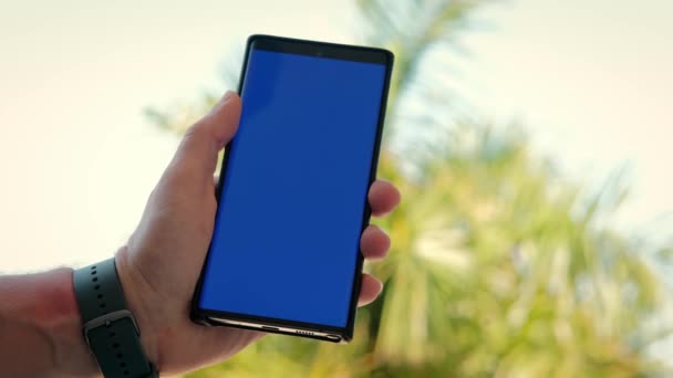 Phone in the hand closeup green palm tree background. Phone screen is blue chroma key — Stock Video