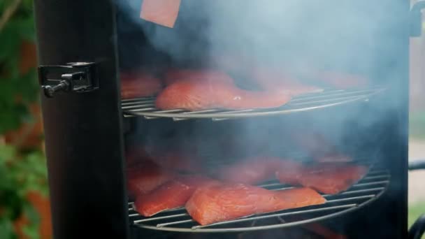 魚の喫煙、喫煙室のドアは閉じており、煙がたくさんそこから来ています — ストック動画