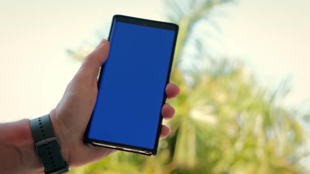 Phone in the hand closeup green palm tree background. Phone screen is blue chroma key. Close up — Vídeo de Stock