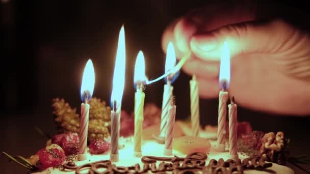 Birthday cake with candles. Close up view of female hands burning birthday candle on party cake. — ストック動画