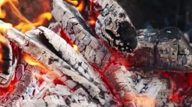 Yerdeki kömürle yanan odunların yavaş çekim görüntüsü. Kapat.