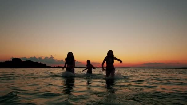 Silhuetas de crianças ao pôr do sol na água na praia. Feliz família amigável. Movimento lento — Vídeo de Stock