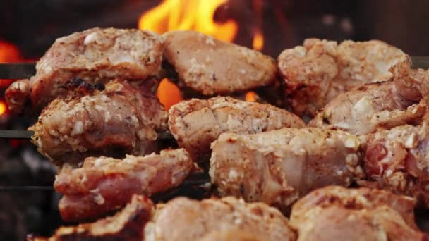 Close up. Barbecue grilling shish kebab Charcoal cooked meat. — Stock Video