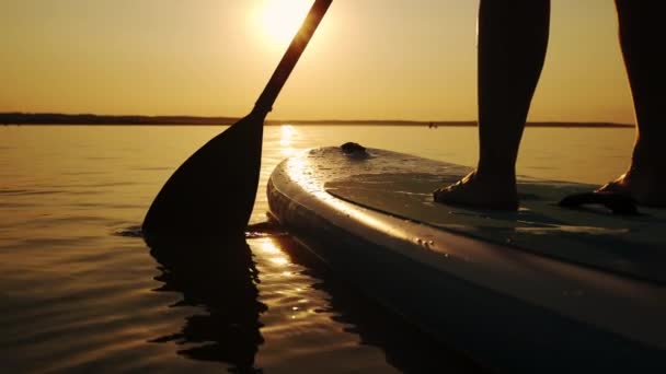 Close up of Woman standing firmly on inflatable SUP board and paddling through shining water surface. — Stock Video