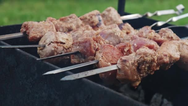 Churrasco quente grelhar shish kebab Carvão cozido carne. Fechar — Vídeo de Stock