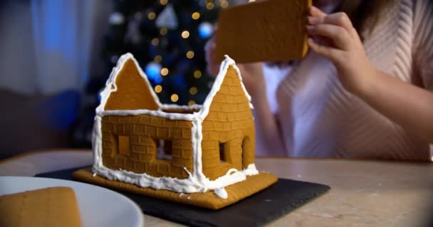 Donna Decorare casa pan di zenzero. Natale tradizionale intrattenimento familiare. — Video Stock