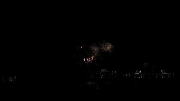 Latar belakang kembang api nyata bersinar kembang api dengan lampu bokeh di langit malam. Tembakan lebar — Stok Video
