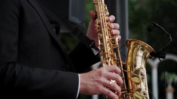 Muzikant saxofonist speelt muziek op zijn instrument in een zonnige zomerdag. Close-up fusie — Stockvideo