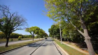 POV güneşli bir yaz ya da sonbahar gününde banliyö caddesi boyunca huzurlu bir sürüş yapar. Yeşil ağaçlar caddeyi kaplıyor ve güneş ışığı sıcak ve davetkar bir atmosfer yaratıyor. Yüksek kalite 4k görüntü