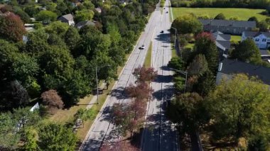 Ağaçlarla kaplı bir banliyö yolunda giden bir arabanın yukarıdan aşağıya insansız hava aracı görüntüsü. EV, güneş ışığı ve gölgelerin altında sorunsuz hareket eder. Yüksek kalite 4k görüntü