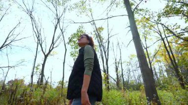 Ormanda huzurlu bir sonbahar yürüyüşü yapan kadın ağaçlara bakıyor ve doğanın tadını çıkarıyor. Renkli yapraklarla çevrili rahat bir açık hava anı. Yüksek kalite 4k görüntü