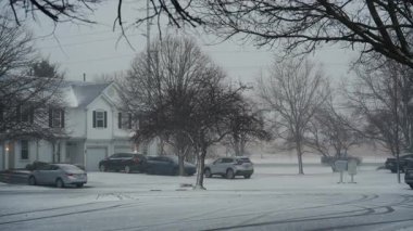 Huzurlu bir banliyö sokağına hafif kar yağar evleri, park edilmiş arabaları ve çıplak kış ağaçları vardır. Soğuk hava, kış atmosferi ve sakin yaşam. Yüksek kalite 4k görüntü