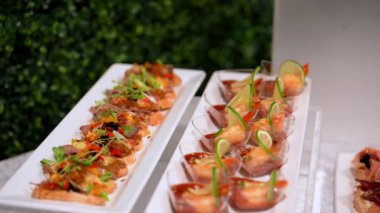 Cam tezgahlarda düzgünce sergilenen gurme aperatifleriyle birlikte masanın kamera görüntüsünü hareket ettir. Renkli abur cuburlar yemek ya da kutlama için güzelce ayarlanmış. Yüksek kalite 4k görüntü