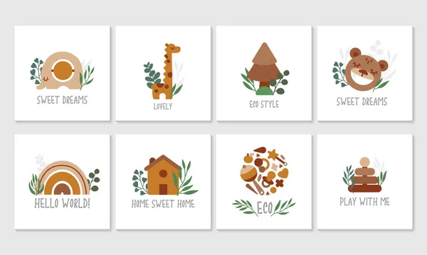 Ensemble Jouets Bois Eco Avec Feuilles Eucalyptus Jolie Carte Enfant — Image vectorielle