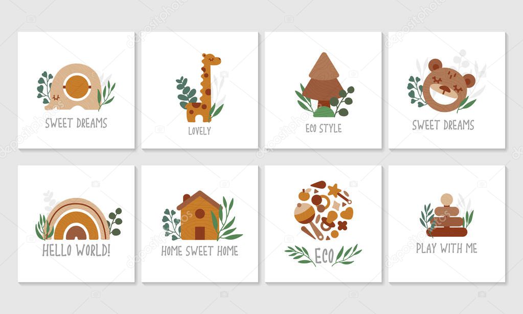 Set of Eco wooden toys with eucalyptus leaves, cute kids card, poster, flyer. Sweet dream. Neutral colors illustration isolated on white background. Vector
