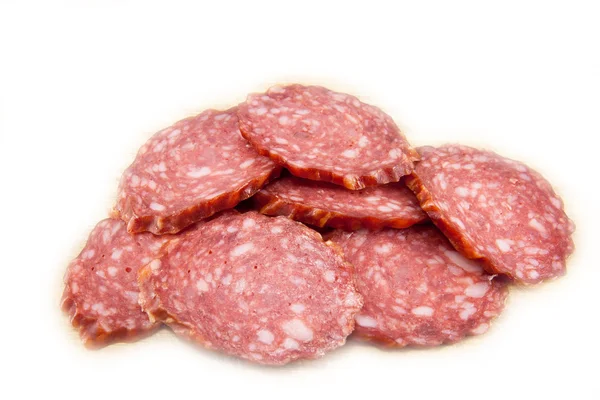 Salsicce di salame isolate su tavola di legno — Foto Stock