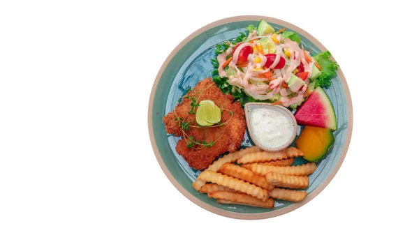 Poulet Frit Avec Salade Fench Vue Dessus Feu Fond Blanc — Photo