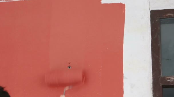 Peinture à rouleaux Couleur rouge sur le mur — Video