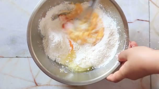 Cooking Pancake Batter, Whisking Eggs — Stock Video