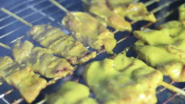 Roast Pork Satay on oven, Thailand's famous cuisine — Stock Video