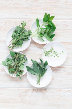 Ahşap arka plan üzerinde taze yeşil ot