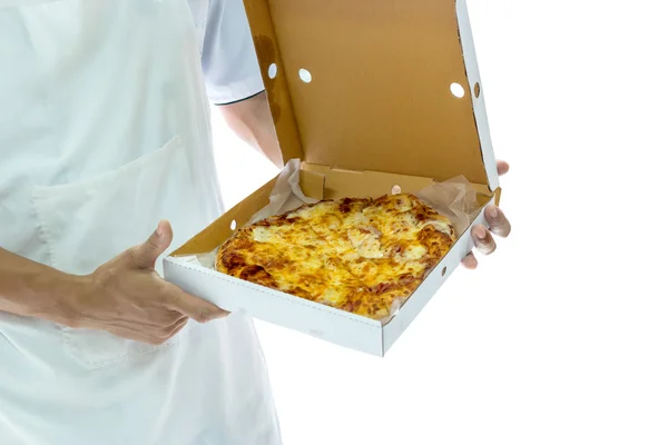 Chef holding open boxes of pizza — Stock Photo, Image