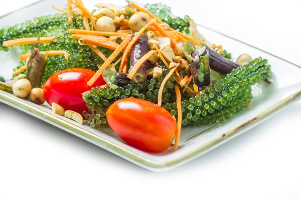 Вкусный салат водоросли, каулопа макрофизия, Зеленая икра, на белом — стоковое фото